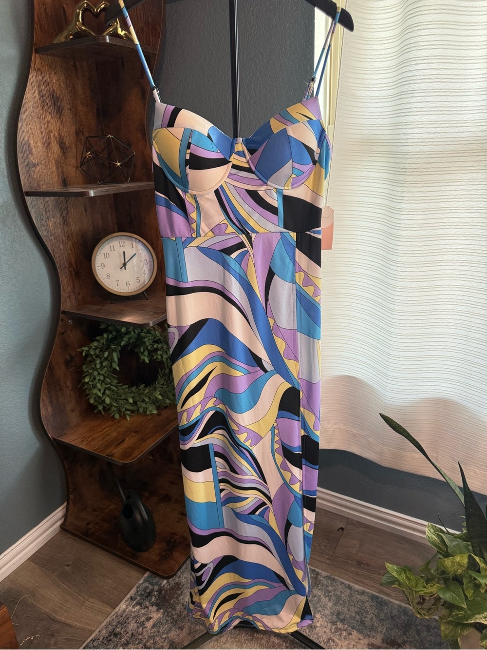 Abstract-Print Slip Dress in Pastel Purple, Blue & Yellow
